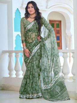 Akhilam - Women Cotton Linen Green Digital Print Designer Saree with Unstitched Blouse