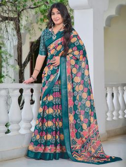 Akhilam - Women Cotton Linen Teal Blue Digital Print Saree with Unstitched Blouse