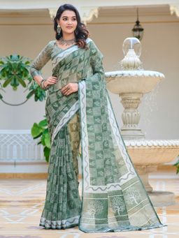 Akhilam - Women Cotton Linen Green Digital Print Designer Saree with Unstitched Blouse