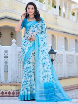 Akhilam - Women Cotton Linen Off-White Digital Print Designer Saree with Unstitched Blouse