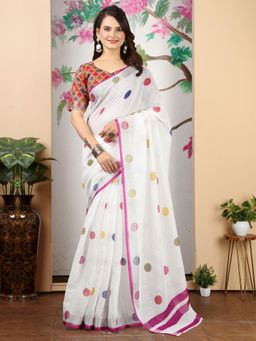 Akhilam - Women Cotton Linen White Printed Designer Saree with Unstitched Blouse
