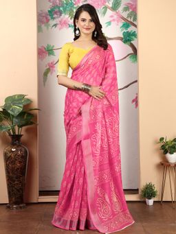Akhilam - Women Cotton Linen Pink Printed Designer Saree with Unstitched Blouse