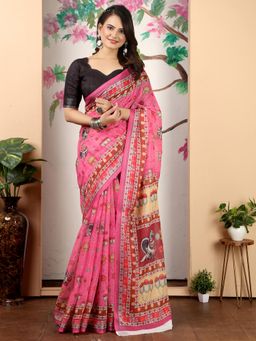 Akhilam - Women Cotton Linen Pink Printed Designer Saree with Unstitched Blouse