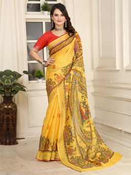 Akhilam - Women Cotton Linen Yellow Printed Designer Saree with Unstitched Blouse