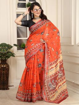 Akhilam - Women Cotton Linen Orange Printed Designer Saree with Unstitched Blouse