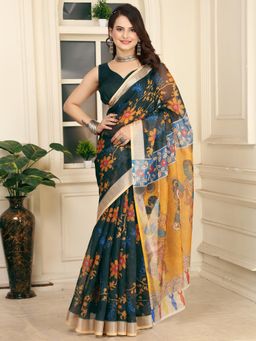 Akhilam - Women Cotton Linen Black Printed Designer Saree with Unstitched Blouse