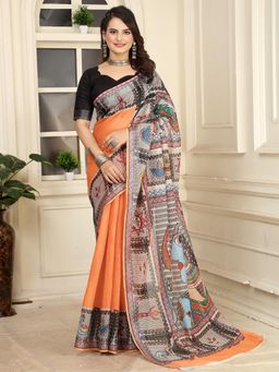 Akhilam - Women Cotton Linen Orange Printed Designer Saree with Unstitched Blouse