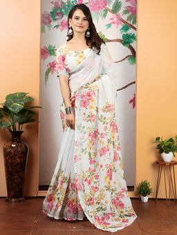 Akhilam - Women Cotton Linen White Printed Designer Saree with Unstitched Blouse