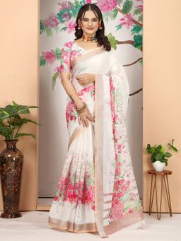 Akhilam - Women Cotton Linen White Printed Designer Saree with Unstitched Blouse
