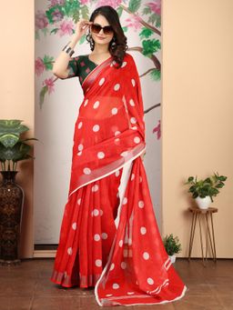 Akhilam - Women Cotton Linen Red Printed Designer Saree with Unstitched Blouse