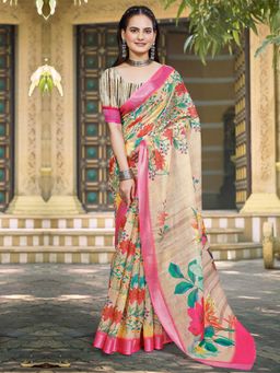 Akhilam - Women Cotton Linen Beige Digital Print Designer Saree with Unstitched Blouse