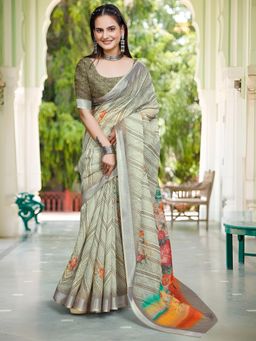 Akhilam - Women Cotton Linen Green Digital Print Designer Saree with Unstitched Blouse
