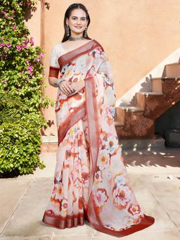 Akhilam - Women Cotton Linen Off White Digital Print Saree with Unstitched Blouse