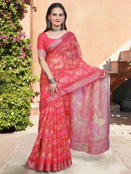 Akhilam - Women Cotton Linen Red Digital Print Designer Saree with Unstitched Blouse