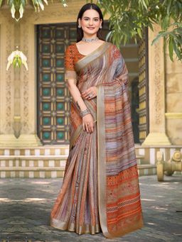 Akhilam - Women Cotton Linen Brown Digital Print Designer Saree with Unstitched Blouse