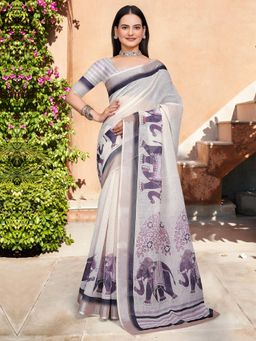 Akhilam - Women Cotton Linen Off White Digital Print Saree with Unstitched Blouse