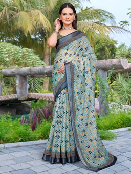 Akhilam - Women Cotton Linen Blue Digital Print Saree with Unstitched Blouse