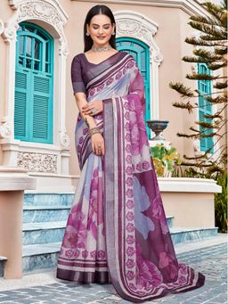 Akhilam - Women Cotton Linen Magenta Digital Print Saree with Unstitched Blouse