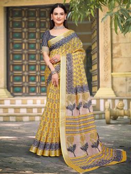 Akhilam - Women Cotton Linen Charcoal Yellow Digital Print Saree with Unstitched Blouse