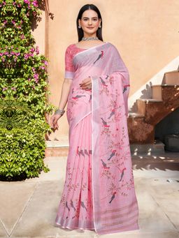 Akhilam - Women Cotton Linen Pink Digital Print Designer Saree with Unstitched Blouse