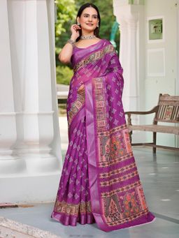 Akhilam - Women Cotton Linen Magenta Digital Print Saree with Unstitched Blouse