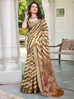 Akhilam - Women Cotton Linen Camel Brown Digital Print Saree with Unstitched Blouse