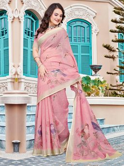 Akhilam - Women Cotton Linen Pink Digital Print Designer Saree with Unstitched Blouse