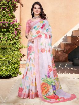Akhilam - Women Cotton Linen Pink Digital Print Designer Saree with Unstitched Blouse