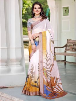 Akhilam - Women Cotton Linen White Digital Print Designer Saree with Unstitched Blouse