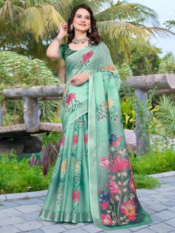 Akhilam - Women Cotton Linen Green Digital Print Designer Saree with Unstitched Blouse