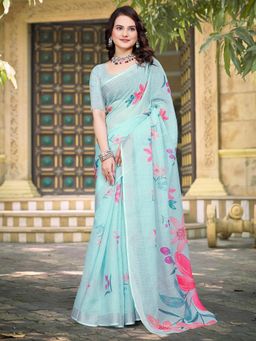 Akhilam - Women Cotton Linen Light Blue Digital Print Saree with Unstitched Blouse