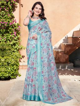 Akhilam - Women Cotton Linen Light Blue Digital Print Saree with Unstitched Blouse