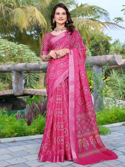 Akhilam - Women Cotton Linen Pink Digital Print Designer Saree with Unstitched Blouse