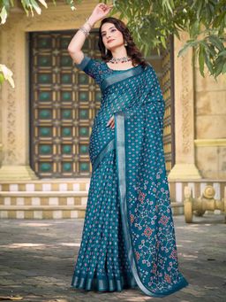 Akhilam - Women Cotton Linen Teal Blue Digital Print Saree with Unstitched Blouse