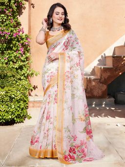 Akhilam - Women Cotton Linen Camel Off-White Digital Print Saree with Unstitched Blouse