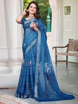 Akhilam - Women Cotton Linen Blue Digital Print Designer Saree with Unstitched Blouse