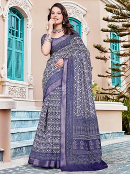 Akhilam - Women Cotton Linen Purple Digital Print Saree with Unstitched Blouse