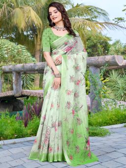 Akhilam - Women Cotton Linen Light Green Digital Print Saree with Unstitched Blouse