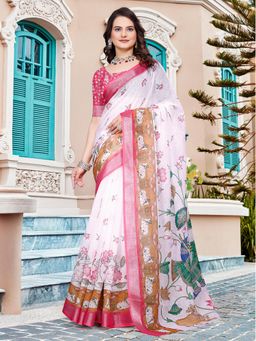 Akhilam - Women Cotton Linen White Digital Print Designer Saree with Unstitched Blouse