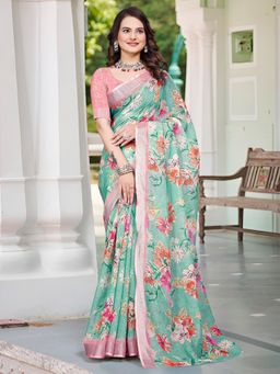 Akhilam - Women Cotton Linen Turquoise Digital Print Designer Saree with Unstitched Blouse