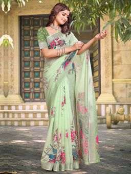 Akhilam - Women Cotton Linen Light Green Digital Print Saree with Unstitched Blouse