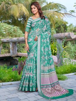 Akhilam - Women Cotton Linen Teal Blue Digital Print Saree with Unstitched Blouse