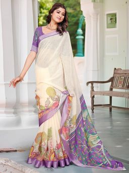 Akhilam - Women Cotton Linen Off-White Digital Print Saree with Unstitched Blouse