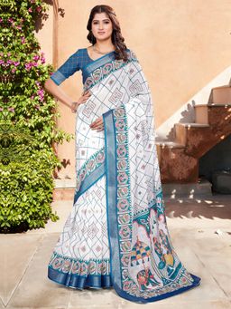 Akhilam - Women Cotton Linen White Digital Print Designer Saree with Unstitched Blouse