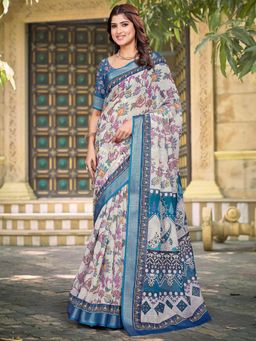 Akhilam - Women Cotton Linen Off-White Digital Print Designer Saree with Unstitched Blouse