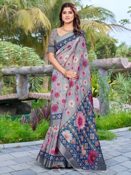 Akhilam - Women Cotton Linen Grey Digital Print Designer Saree with Unstitched Blouse