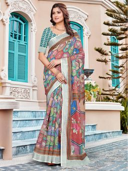Akhilam - Women Cotton Linen Brown Digital Print Saree with Unstitched Blouse