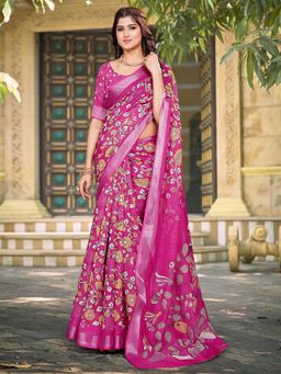 Akhilam - Women Cotton Linen Pink Digital Print Designer Saree with Unstitched Blouse