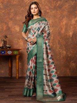 Akhilam - Women Silk Blend Beige Printed Designer Saree with Unstitched Blouse