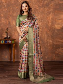 Akhilam - Women Silk Blend Beige Printed Designer Saree with Unstitched Blouse